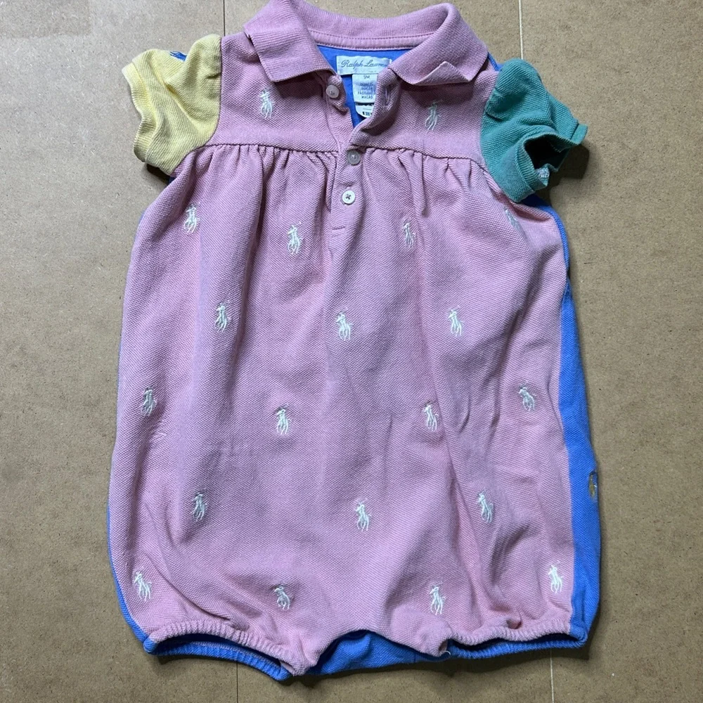 Ralph Lauren Pink Polo Baby Romper with Colorblock Sleeves